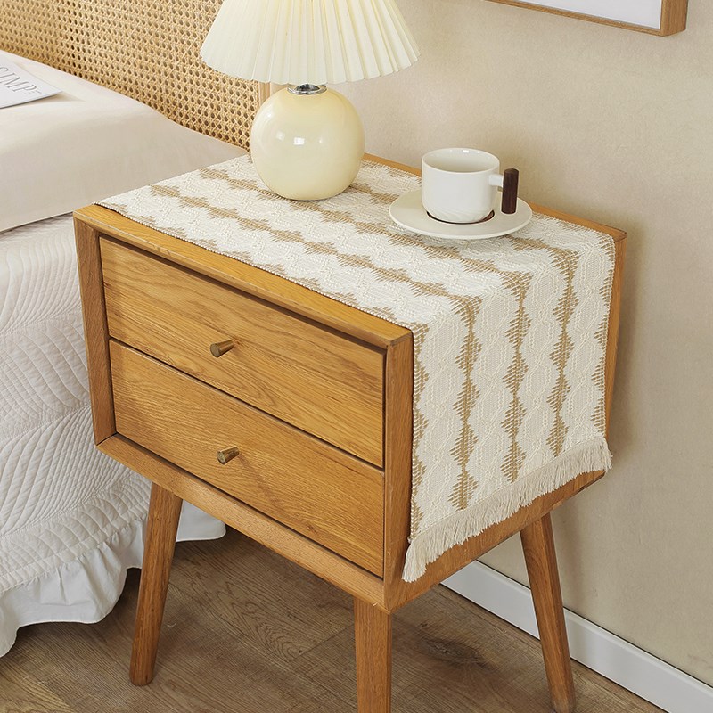 北欧简约轻奢简约棉麻桌旗拼色流苏D长桌布简约风节日茶台桌旗装