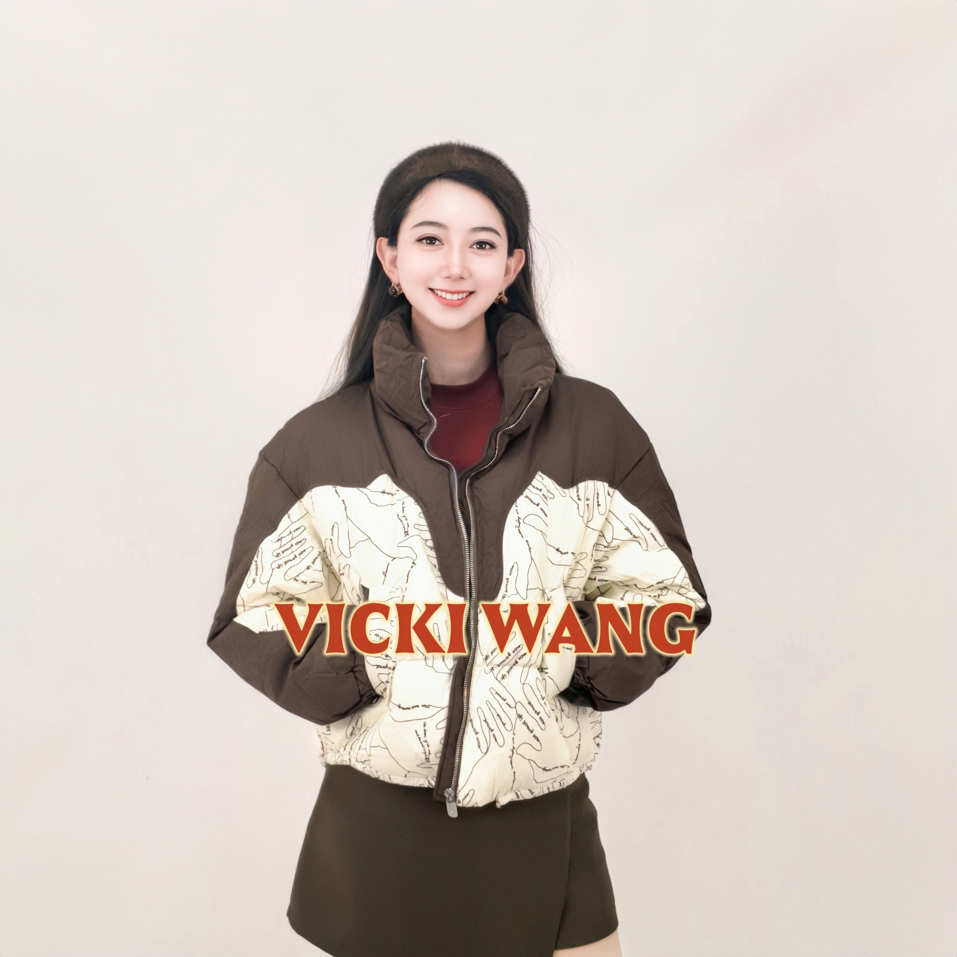 时尚印花拼接立领羽绒服女短款加厚宽松面包服保暖外套