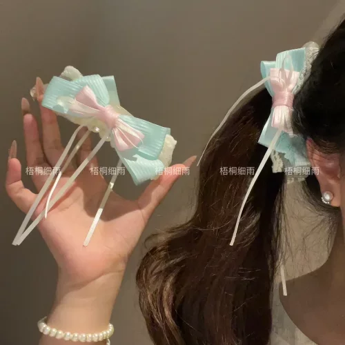 薄荷奶绿蝴蝶结香蕉夹蕾丝飘带