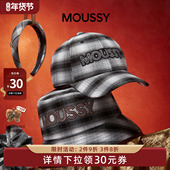 Moussy格纹鸭舌帽字母棒球帽子女气质百搭大头格子显脸小鸭舌帽
