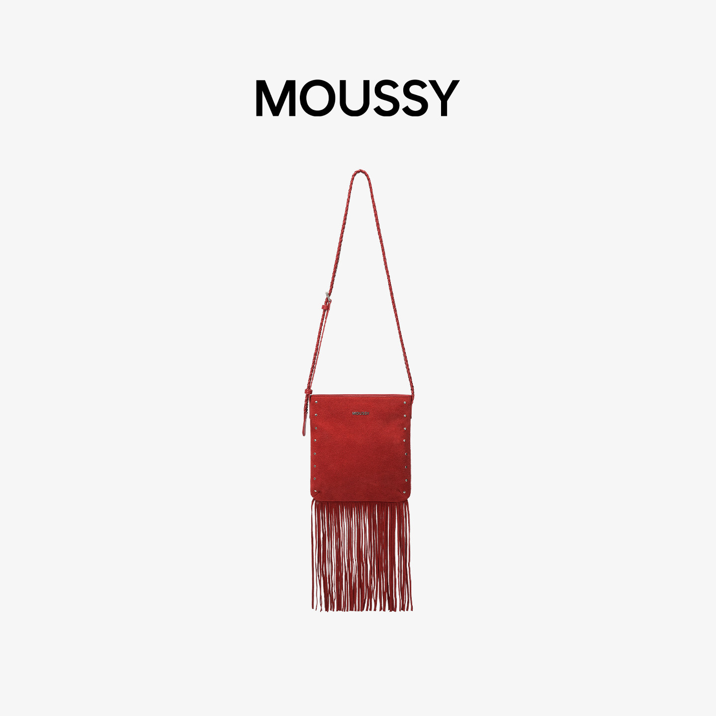 Moussy红色麂皮流苏小斜挎包冬季游牧风手机包型斜挎女包通勤外出