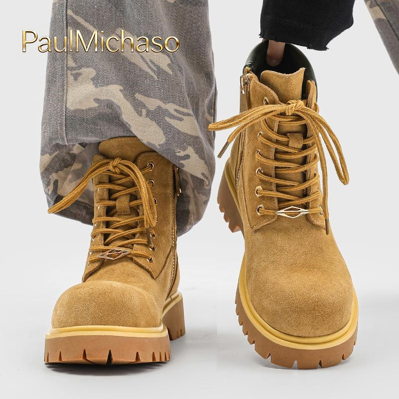 马丁靴男款2025新款春秋冬季加绒高帮大黄靴男士厚底工装鞋子男靴