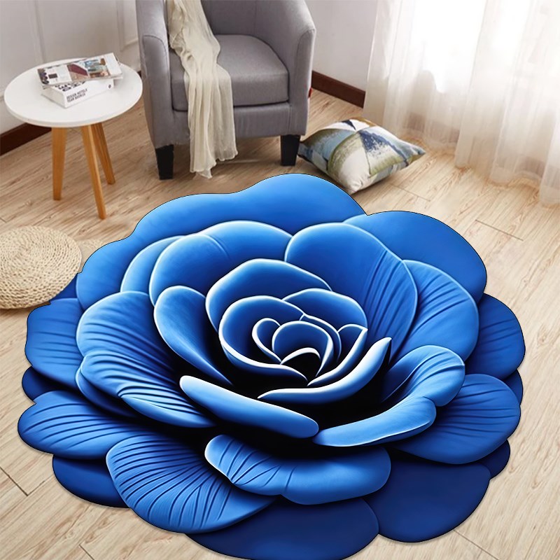 蓝花100*e100cm圆形地垫3D立体大花田园牡丹浴室卧室吸水厨房地毯