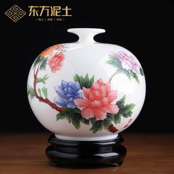 东方泥土天地方圆牡丹瓷瓶摆件中式家居客厅博古架酒柜装饰工艺品