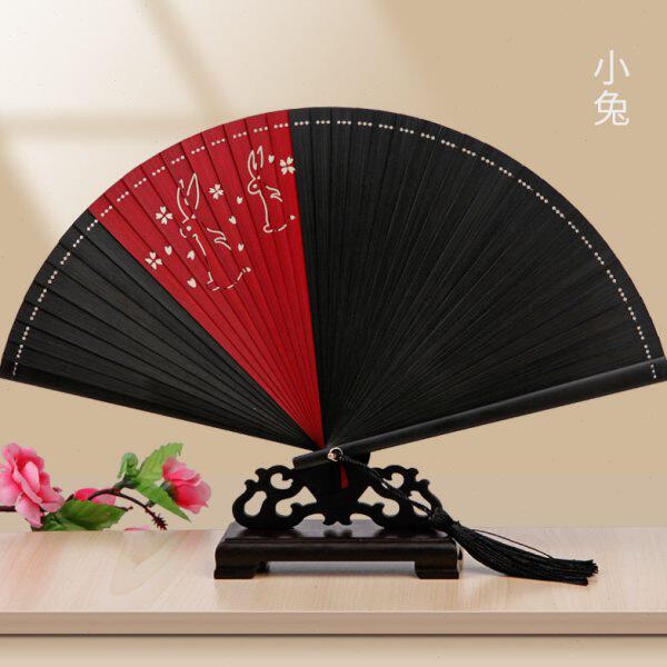 中国风全竹扇子黑色日式和风镂空雕刻古风女士小巧随身折扇舞蹈扇