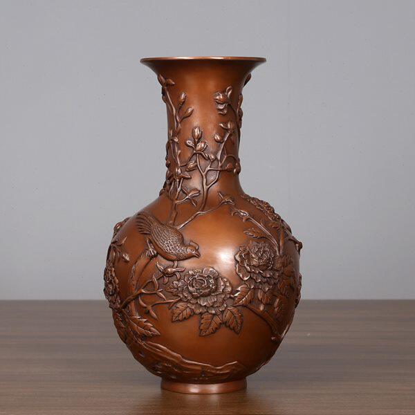 匠泽铜魂 紫铜花开富贵花瓶摆件办公家居装饰品工艺礼品铜器