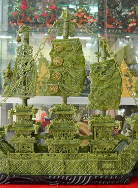 一米青玉精工双头玉雕龙船玉石摆件客厅酒店公司送礼玉器家居饰品