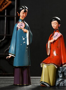 彩色仕女摆件创意新古典陶瓷家居玄关美女人物工艺品摆设德化白瓷