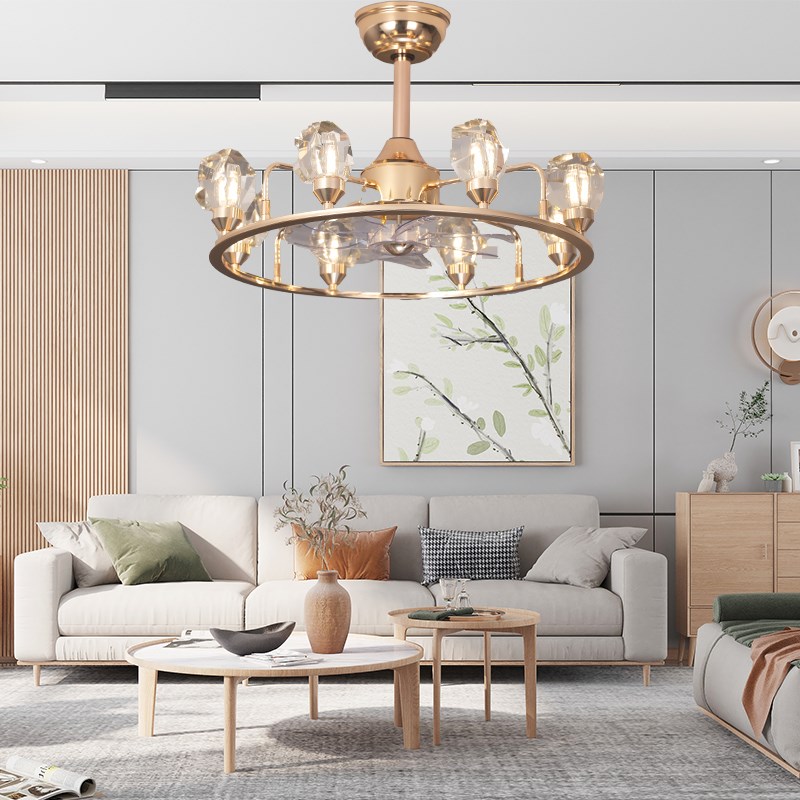 新款水晶风扇灯餐厅客厅吊扇灯卧室风扇吊灯照明一体灯全铜电机