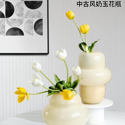 网红奶油风复古新中式玻璃花瓶中古水培鲜花插花餐桌摆件高级汉堡