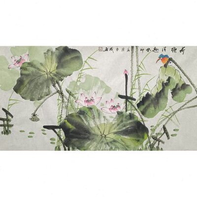 纯手工国画三尺荷花翠鸟荷塘清趣客厅挂画