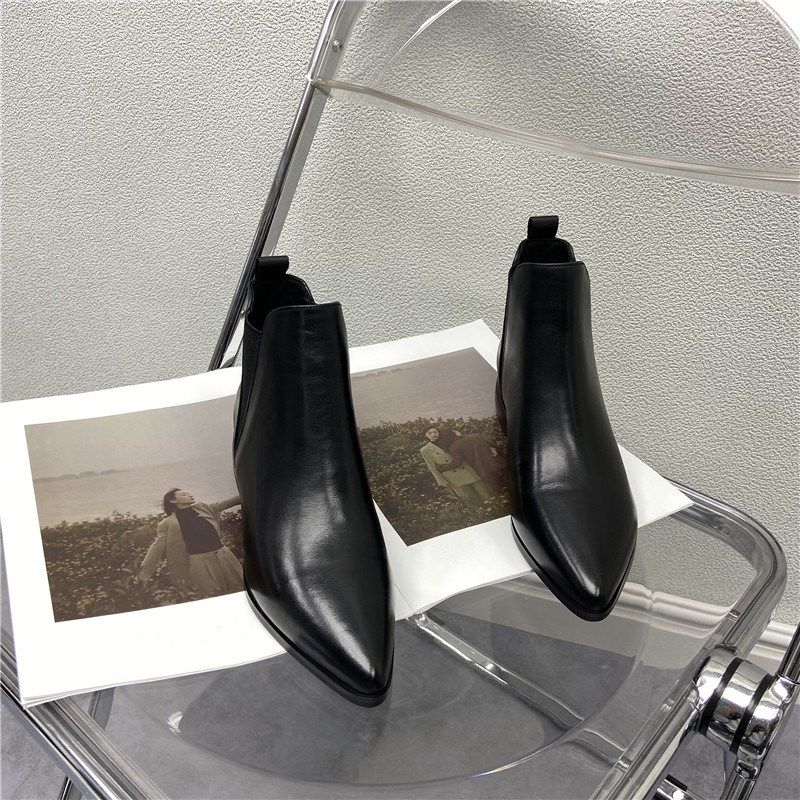 尖头切尔西靴女22秋季新款断码处理真皮女靴英伦风粗跟牛皮女短靴