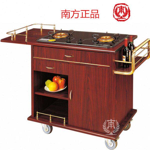 南方双头煮餐车实木餐边柜配双头煤气炉移动烹煮车火锅车酒店服务
