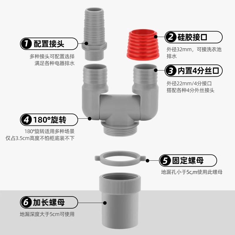 洗衣机排水管地漏接头扫地机烘干机三通下水道四通分水器二合一
