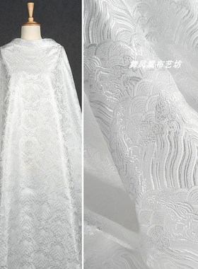 幅宽150cm纯k白色海浪纹织锦缎提花面料 中式暗纹海崖水花丝绸布