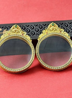 新款藏式宝伞宝i石铜壳嘎乌盒唐卡盒子双面款镶钻圆形吊坠圆形钻