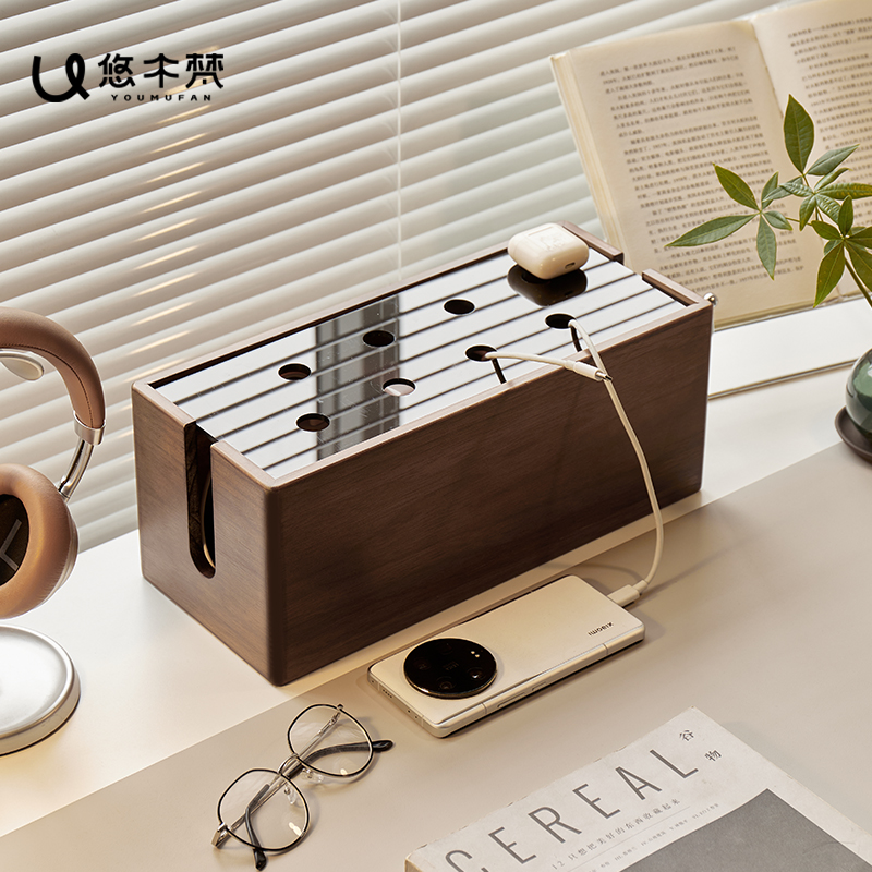 实木电线收纳盒插座插排r遮t丑盒子电源线集线盒桌面理线盒遮挡装