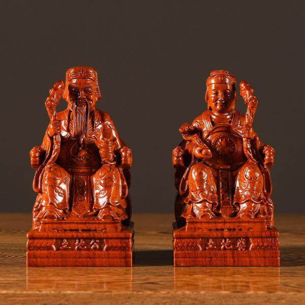 花梨木雕土地公土地婆一对摆件实木福德正神像供奉家用财神土地爷