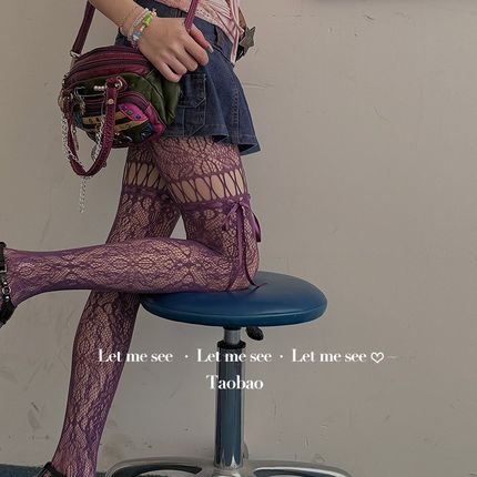 LET ME SEE 千禧辣妹复古丝带蝴蝶结蕾丝网袜 小众y2k显瘦连裤袜