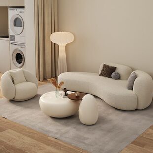 奶油风美容院猫爪布艺沙发客厅小户型异形美容院休闲息区接待弧形