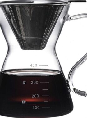 2F手冲咖啡壶S把高崩玻璃手柄带刻度分享壶滴漏过咖啡过滤杯