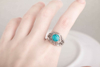 印度尼泊尔手工925银q饰品绿松石戒指女 男开口个性创意复古民族