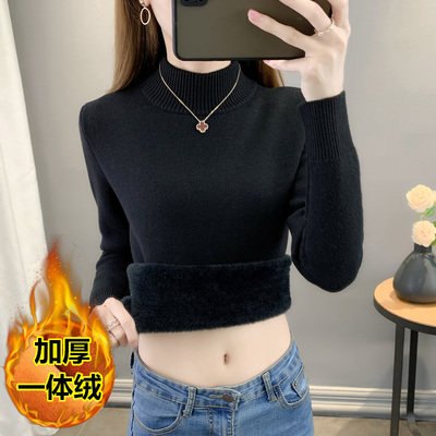 一体绒羊绒衫女秋冬季半高领套头加绒加厚羊毛线衣内搭保暖打底衫