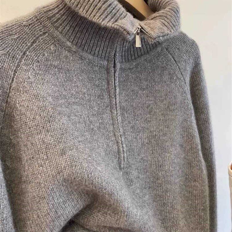 欧货秋冬新款半拉链高翻领羊绒毛衣女套头宽松羊毛百搭打底针织衫