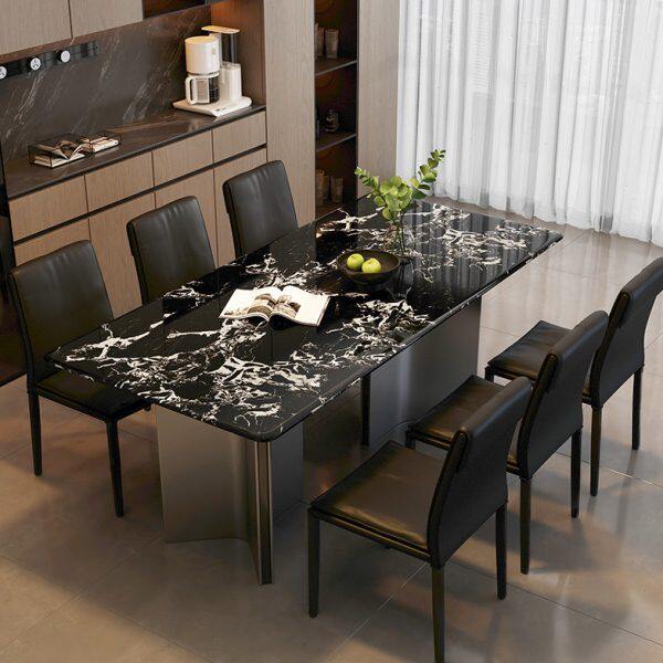 轻奢大理石餐桌现代简约长方形餐桌椅组合小户型家用不锈钢吃饭桌