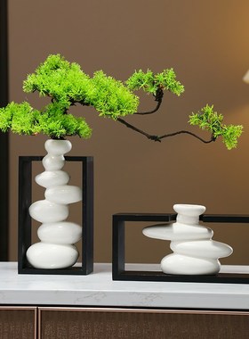 时来运转平衡石头迎客松r花瓶新中式摆件客厅家居饰品电视柜高级