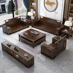 新中式乌金木全实木沙发组合中国风禅意别墅高档客厅冬夏两用沙发