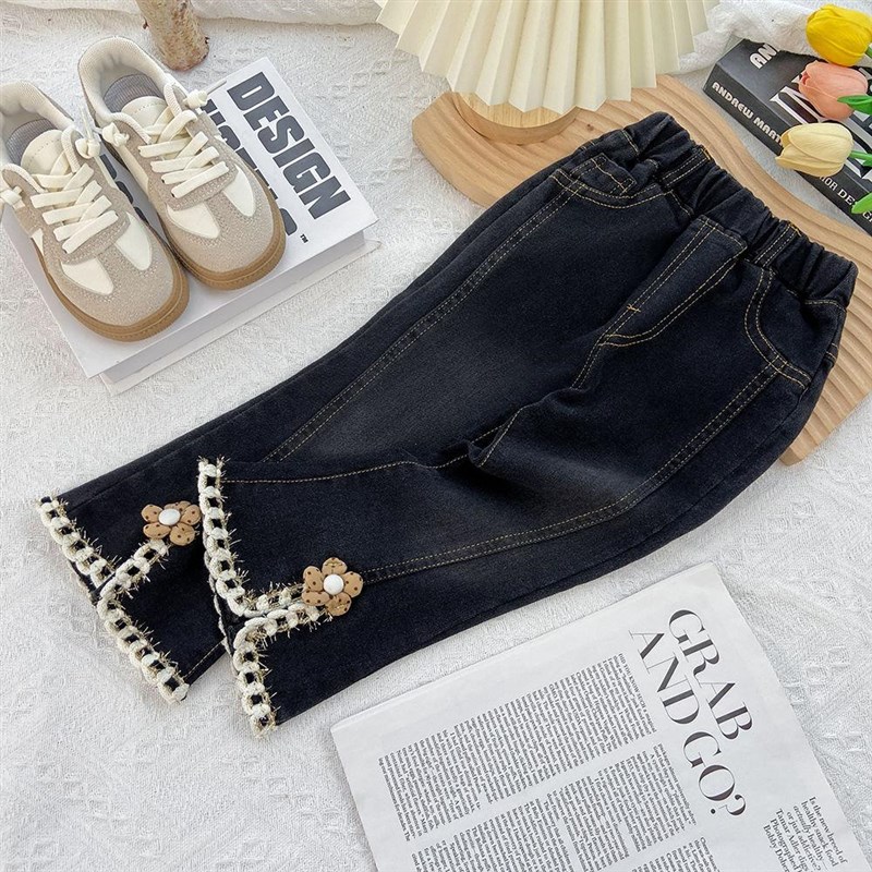 女童开叉微喇叭加绒牛仔裤秋冬新款洋气中小儿童女孩外穿长裤子潮