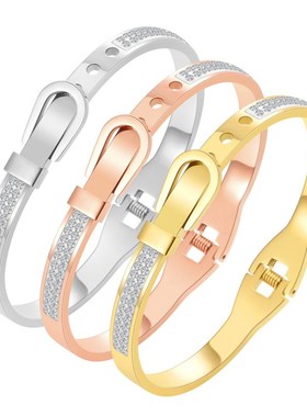 电商直播网红同款手镯镶钻弹簧不锈钢手环镀金女士皮带手饰