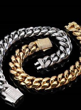 欧美嘻哈不锈钢古巴链男士手链锆石弹簧扣圆磨加密钛钢手链