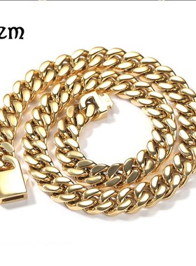 欧美不锈钢男士项链嘻哈12mm光面弹簧扣古巴链简约百搭链条