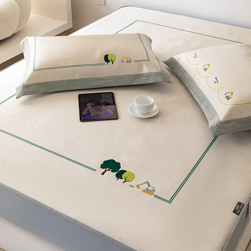 夏季轻奢加厚凉感冰丝凉席三件套刺绣可水洗空调席子可折叠床笠款