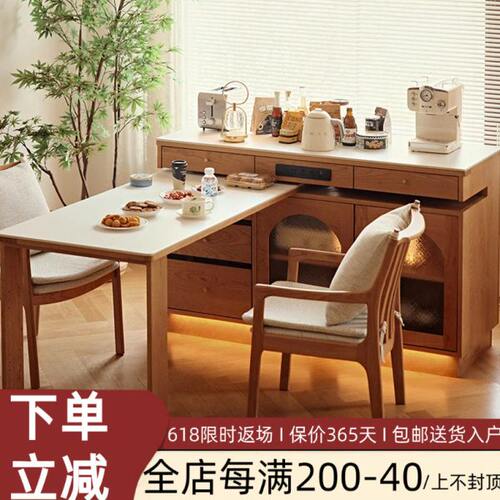 北欧实木岛台餐桌小户型一体可伸缩旋转吧台多功能岩板储物餐边柜