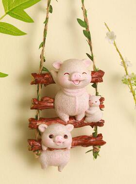 可爱小猫小猪壁挂摆件户外庭院阳台造景装饰花园盆艺攀爬树上挂件