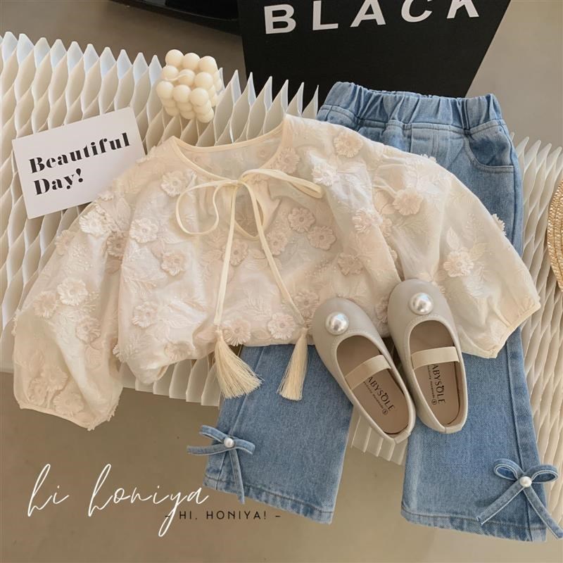 女童裤子韩版时尚女宝宝珍珠蝴蝶结喇叭牛仔裤小女孩可爱洋气裤子