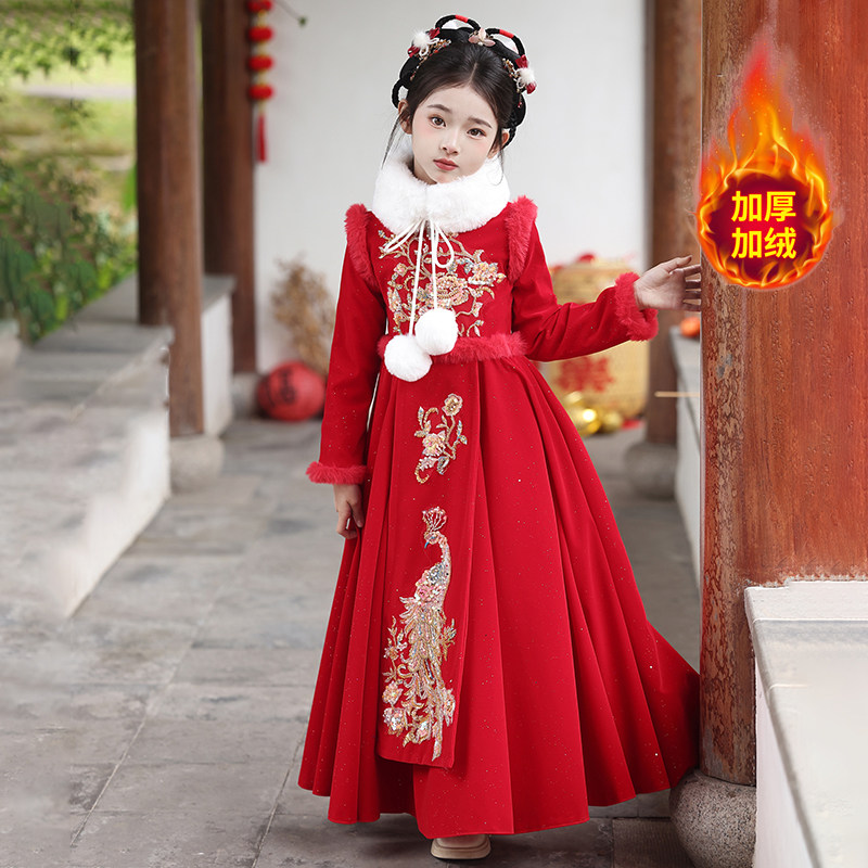儿童拜年服过年冬装古筝演出服汉服长袖女童高端生日主持人礼服裙