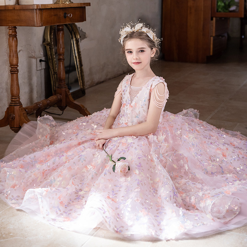 粉色儿童礼服女童花童公主裙仙气花朵2025新款主持人钢琴演出礼服