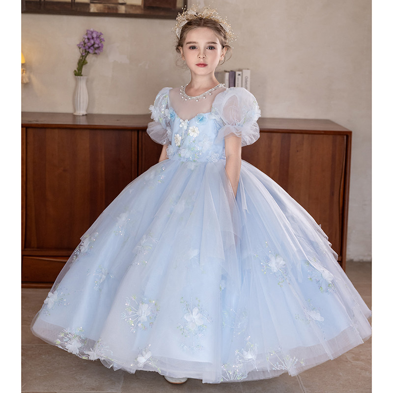 天蓝色女童晚礼服高端女孩生日花童公主裙主持人走秀儿童钢琴演奏