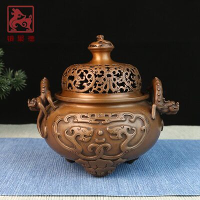 铜聚德 纯铜宣德款螭龙耳三足炉 紫铜家用熏香炉禅意室内仿古摆件