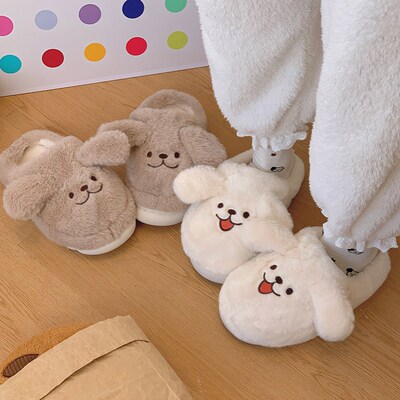 线条小狗棉拖鞋女秋冬季男女情侣新款外穿居家防滑保暖月子鞋假日