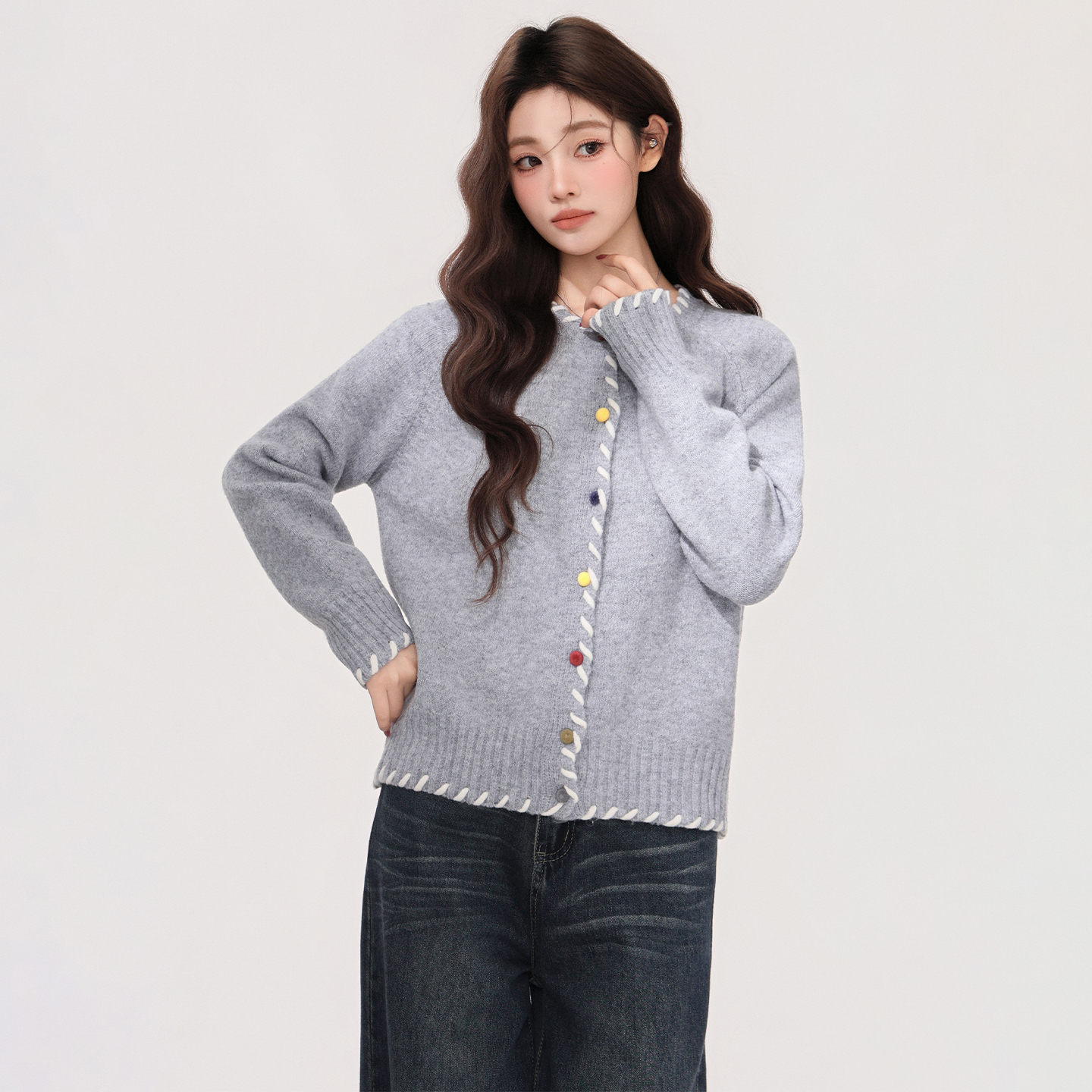 实拍实价圆领针织开衫长袖毛衣加厚女2025秋冬季穿搭外套宽松上衣