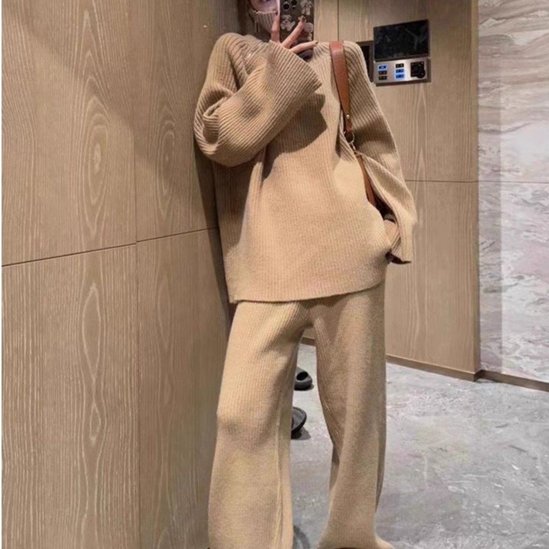巨好看的秋冬穿搭宽松慵懒风咖色高领针织毛衣阔腿裤套装女秋冬季
