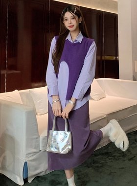 实拍大码女装时尚复古紫色无袖毛衣马甲长袖衬衣半身裙女秋冬
