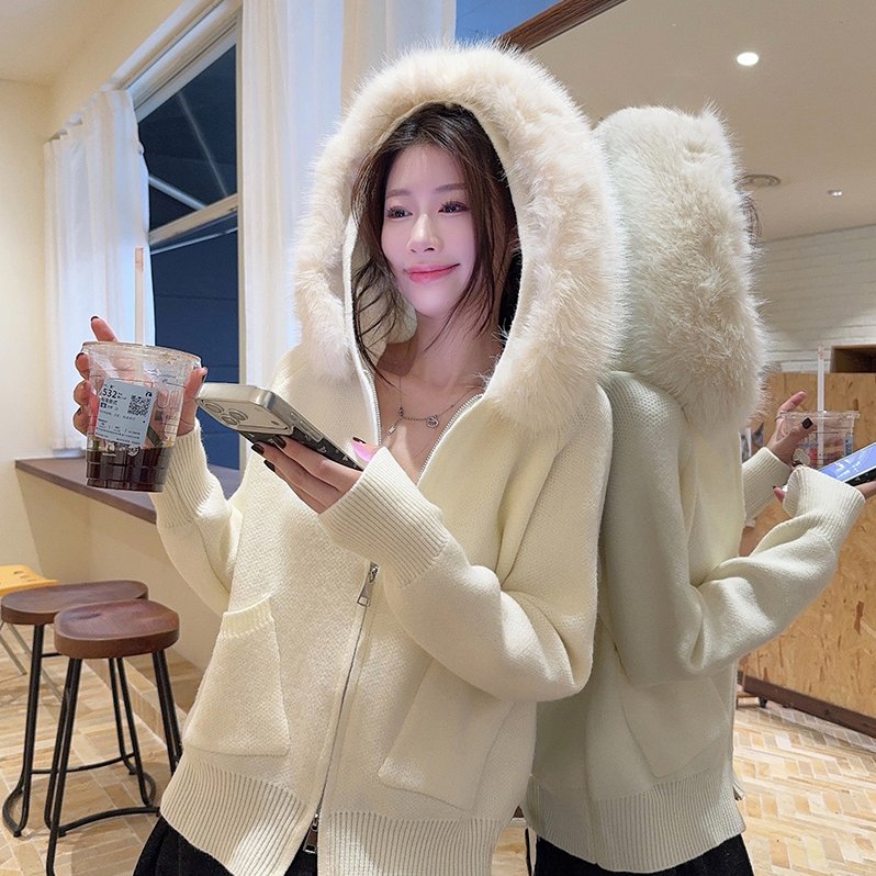 实拍绵羊绒针织衫拉链开衫外套打底衫女秋冬毛领保暖毛衣上衣