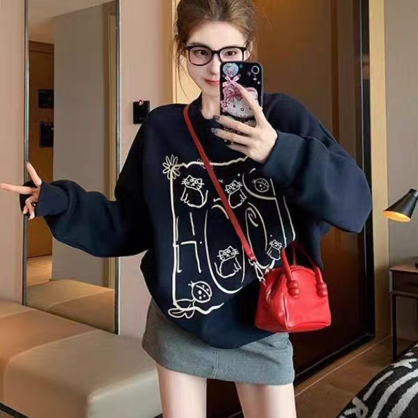 高品质 含棉 华棉复合 cvc罗纹 圆领印花卫衣女