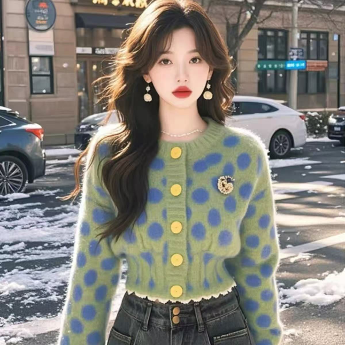 小个子毛衣小众高级感百搭经典时尚气质韩系绿色波点针织个性女